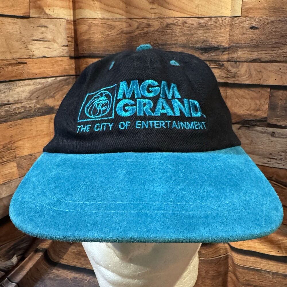 Vtg MGM Grand Las Vegas Hat NISSIN Black Teal Suede Brim Strapback Casino Cap